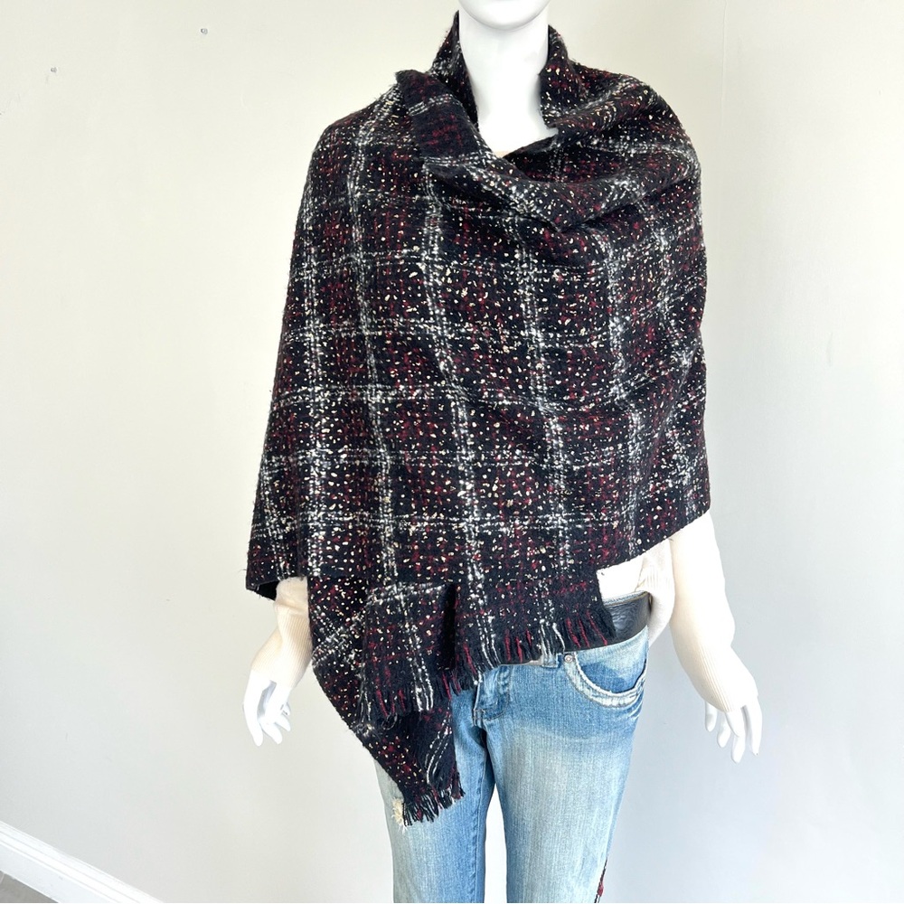 MICHAEL KORS Multicolored Plaid Tweed Gold Foil Knit Soft Long Shawl Wrap Scarf